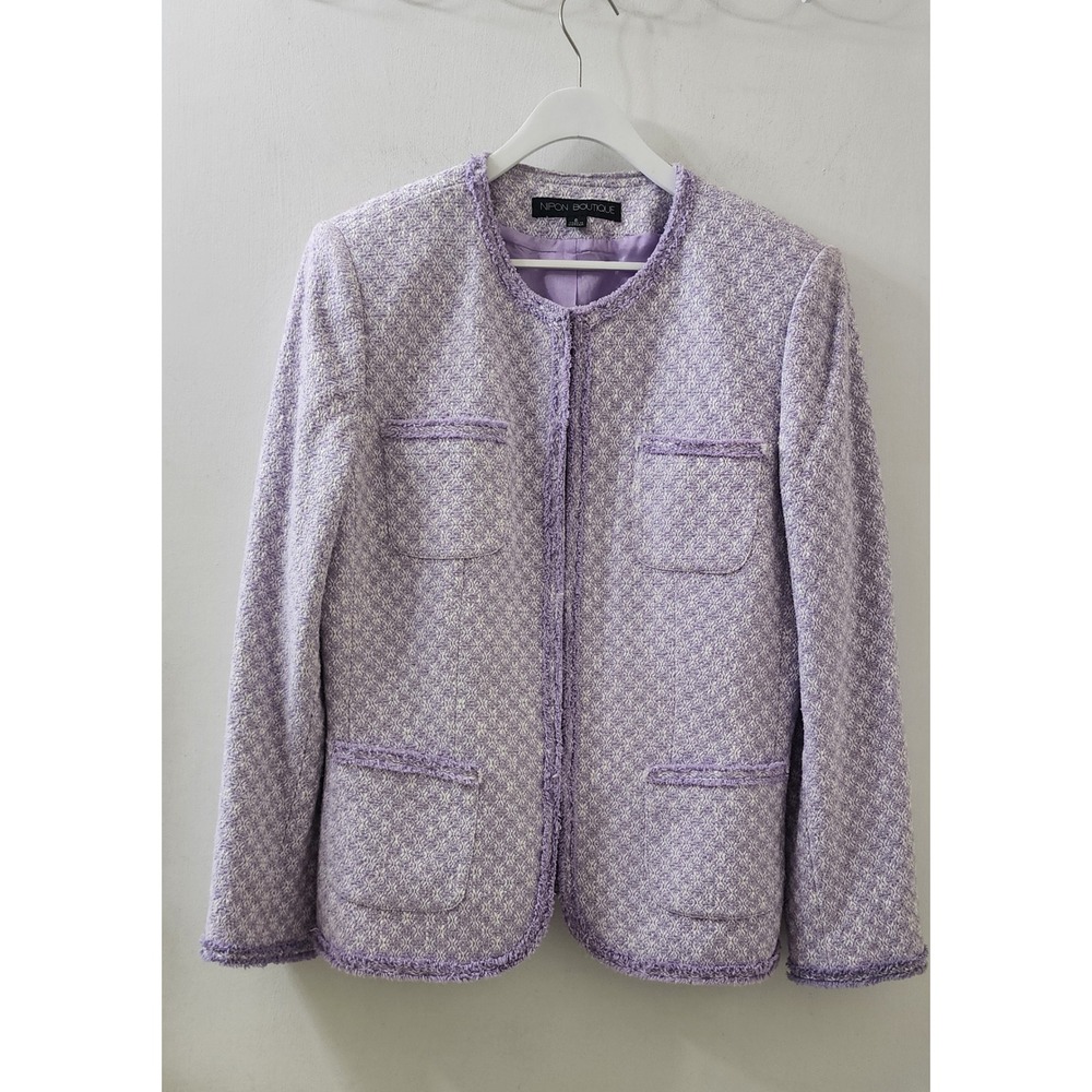 Nipon Boutique Lavender Tweed Jacket Size 8 Purple Fringed Blazer 5DK55B055